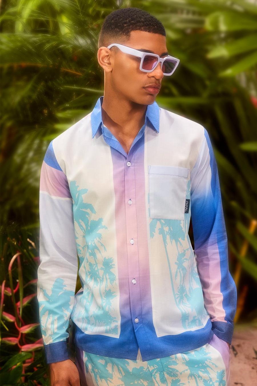 Blue Viscose Overhemd Met Lange Mouwen En Palm Print Zoom image number 1