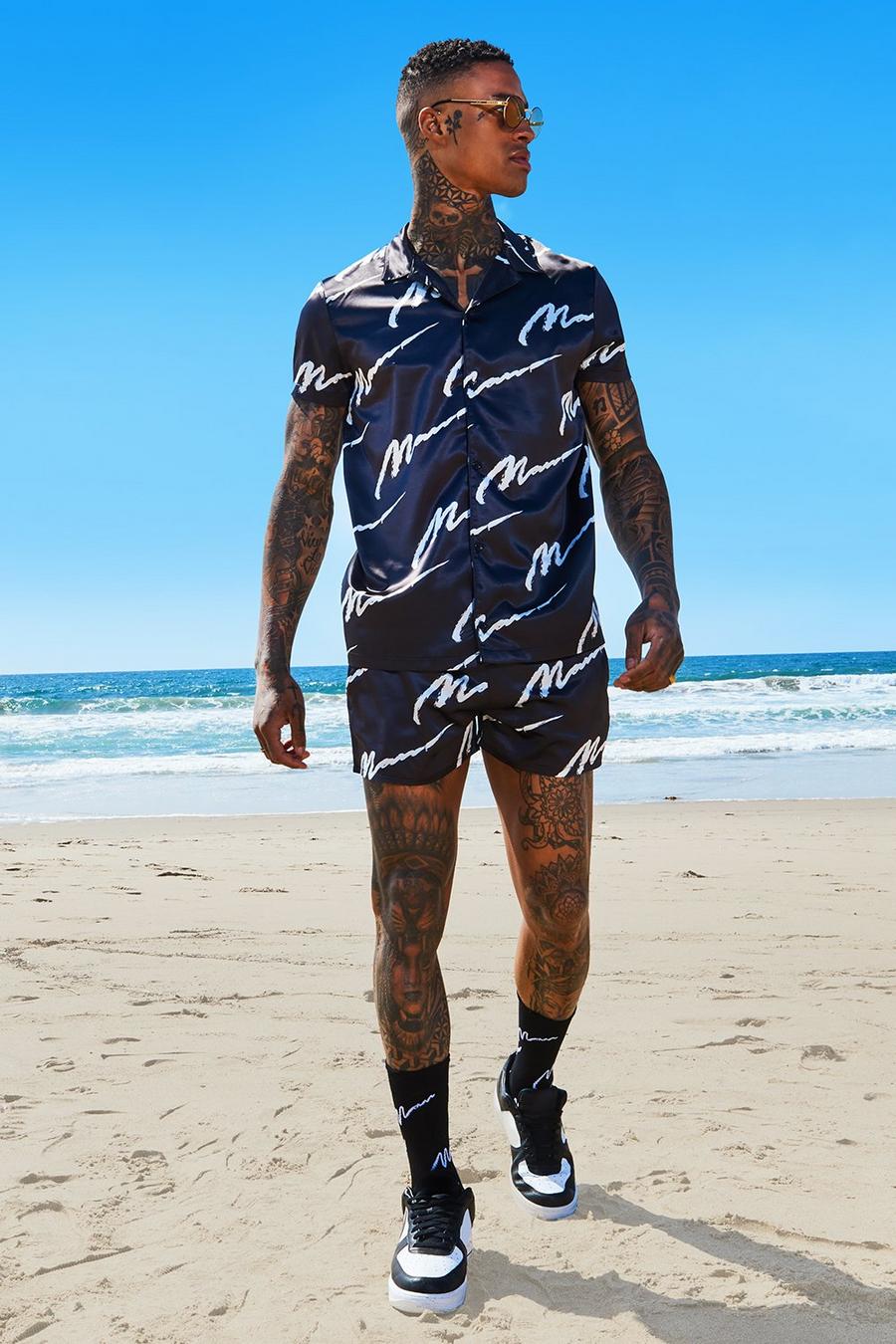 Black Man Satijnen Overhemd Met Shorts Set image number 1