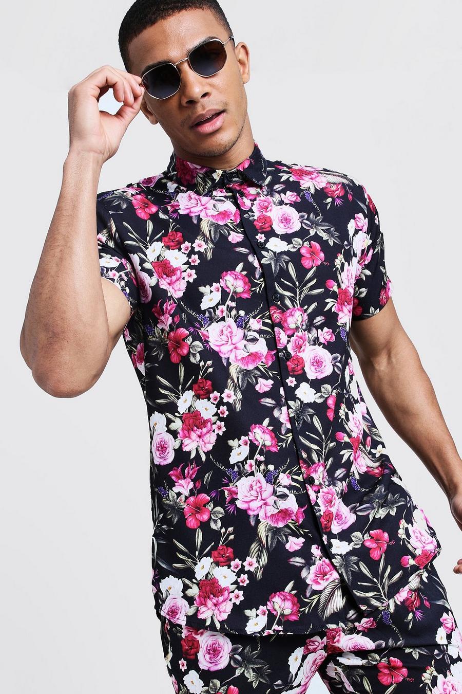 Camisa de manga corta con estampado de flores, Negro image number 1