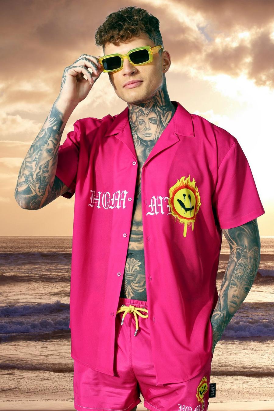 Camicia a maniche corte oversize con scritta Homme, Fucsia rosa image number 1