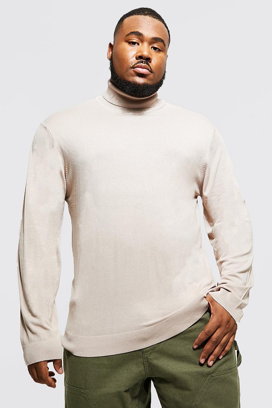 אפור חום beige סוודר בגזרה רגילה מחומרים ממוחזרים עם צווארון נגלל למידות גדולות