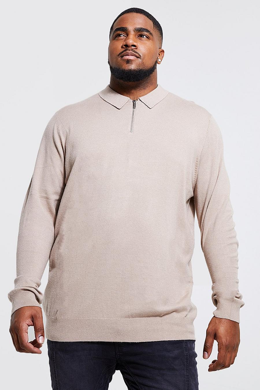 Taupe Plus Half Zip Knitted Polo image number 1