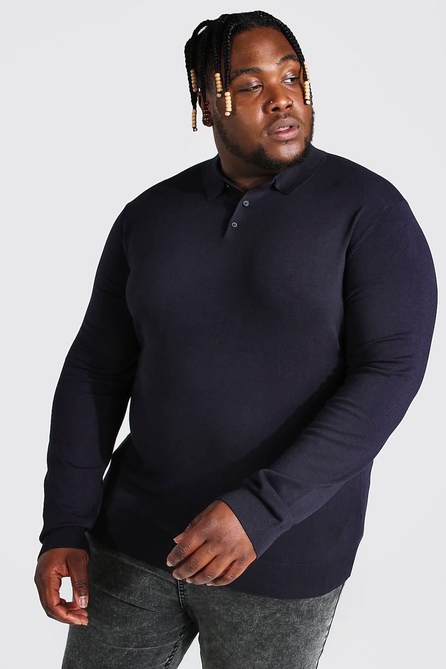 Navy Plus Long Sleeve Knitted Polo image number 1