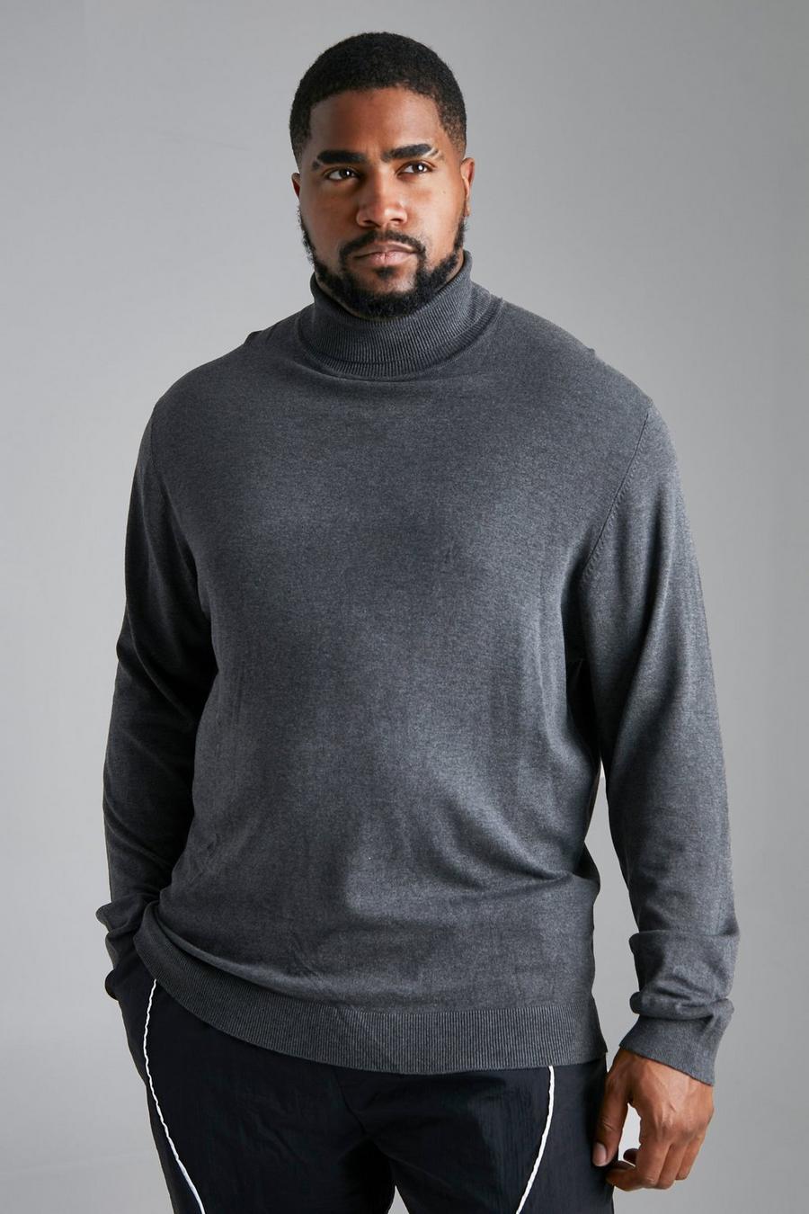 Charcoal grigio סוודר בגזרה רגילה מחומרים ממוחזרים עם צווארון נגלל למידות גדולות