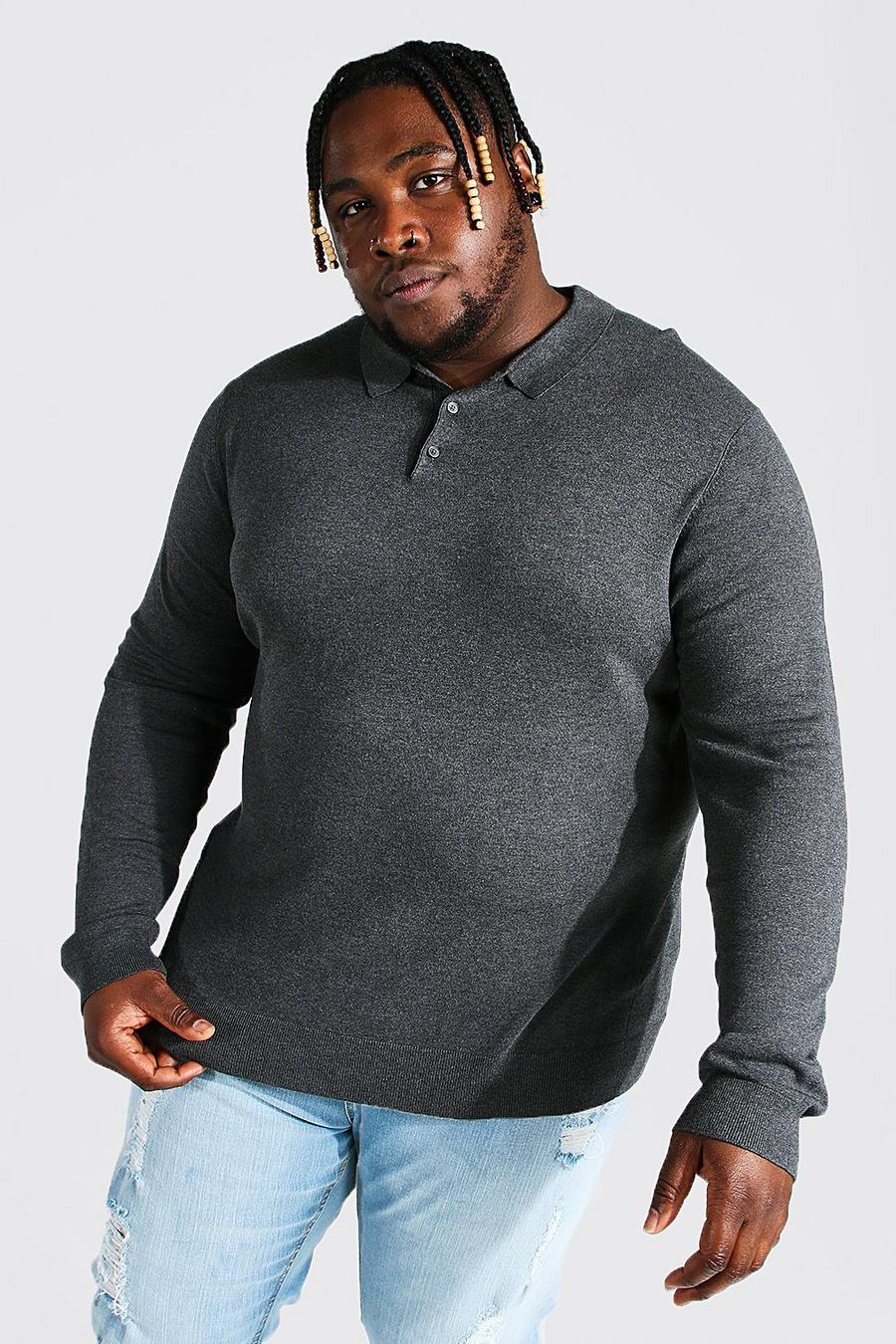 Charcoal gris חולצת פולו סרוגה מבד ממוחזר עם שרוולים ארוכים, מידות גדולות image number 1