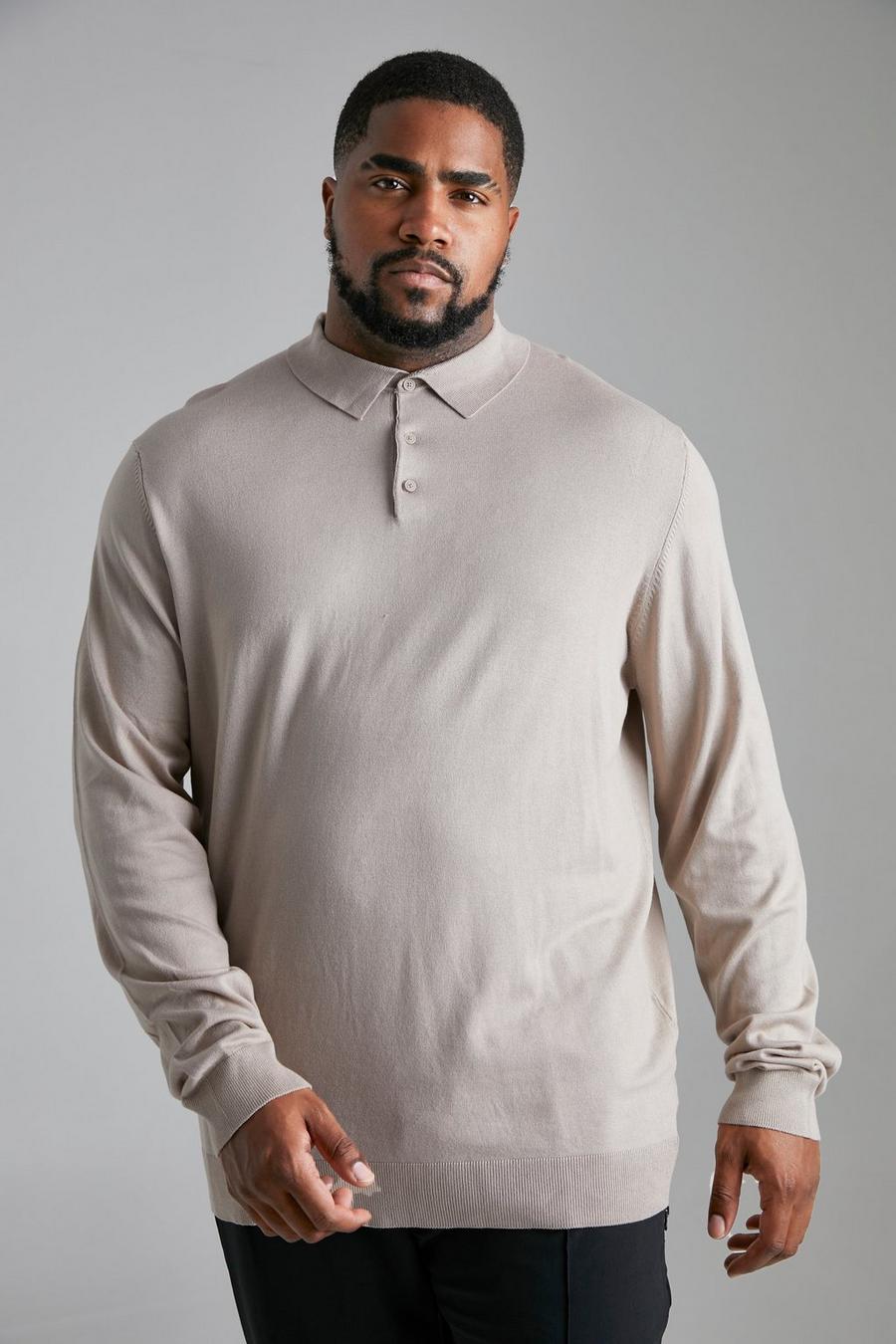 אפור חום חולצת פולו סרוגה מבד ממוחזר עם שרוולים ארוכים, מידות גדולות image number 1