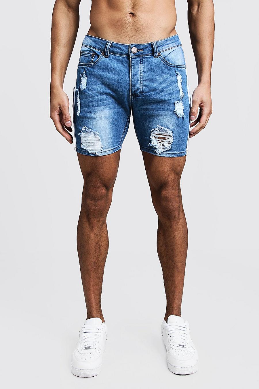 Skinny Fit Distressed Shorts With Side Tape image number 1