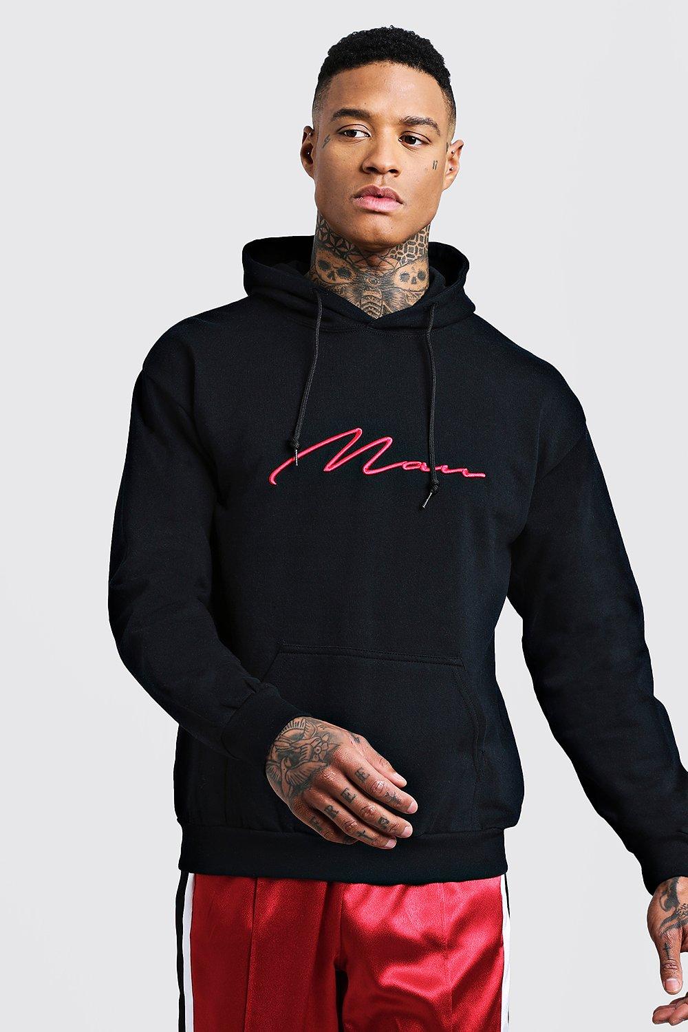 man signature embroidered hoodie