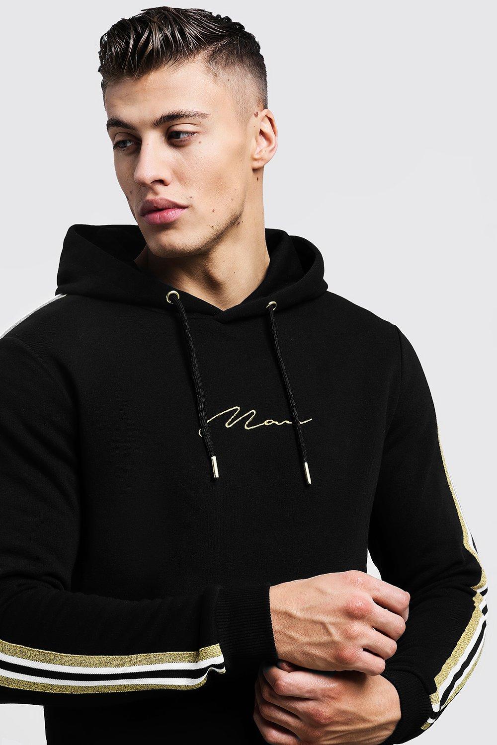 Boohooman hoodie with shop man embroidery in black