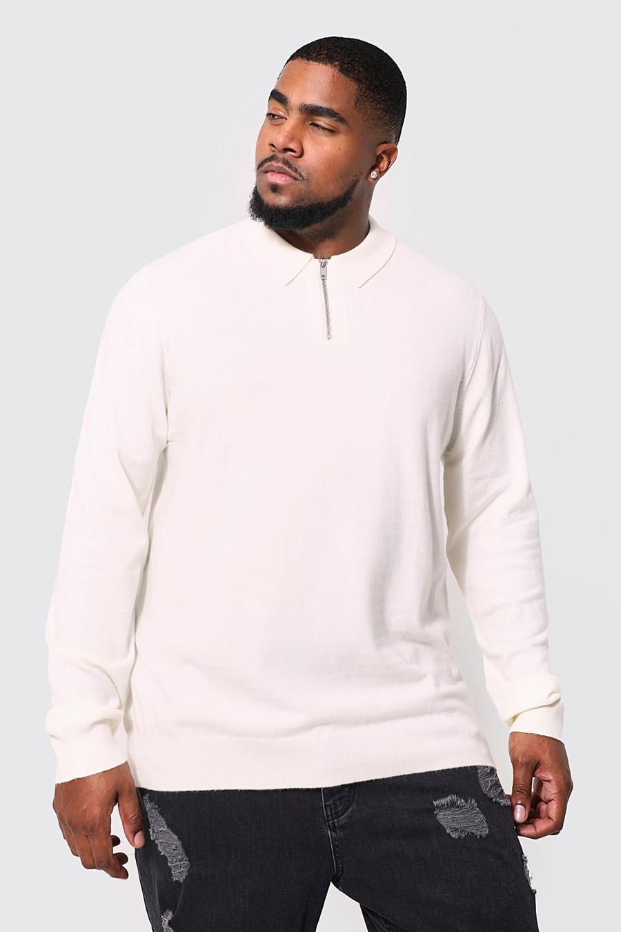 Cream Plus Half Zip Knitted Polo image number 1