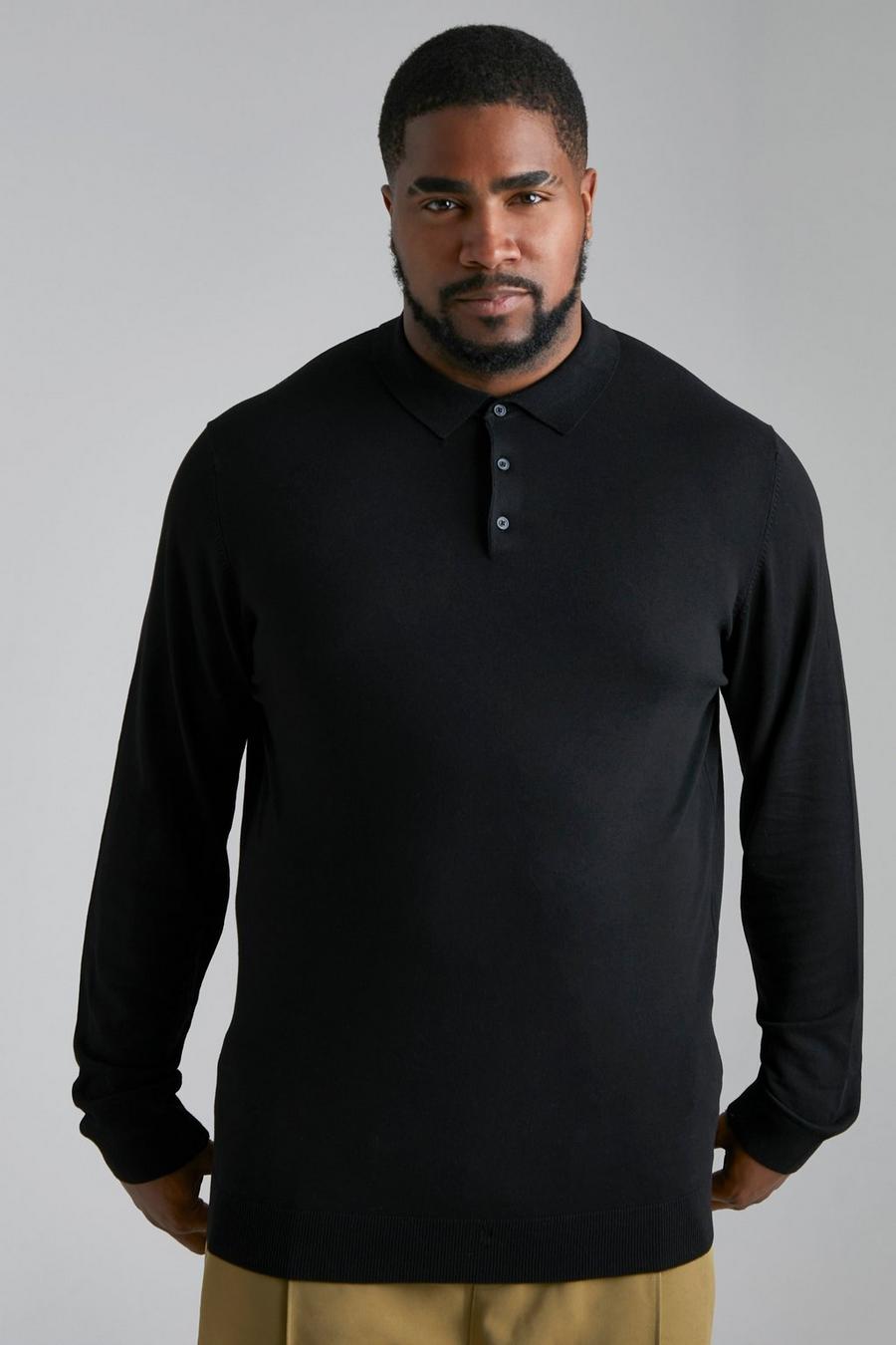 Polo Plus Size a maniche lunghe in maglia con zip corta, Black image number 1