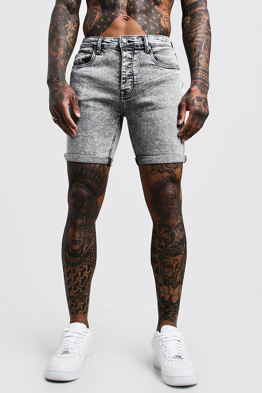 Pale grey Grå, stentvättade skinny jeansshorts med stretch image number 1