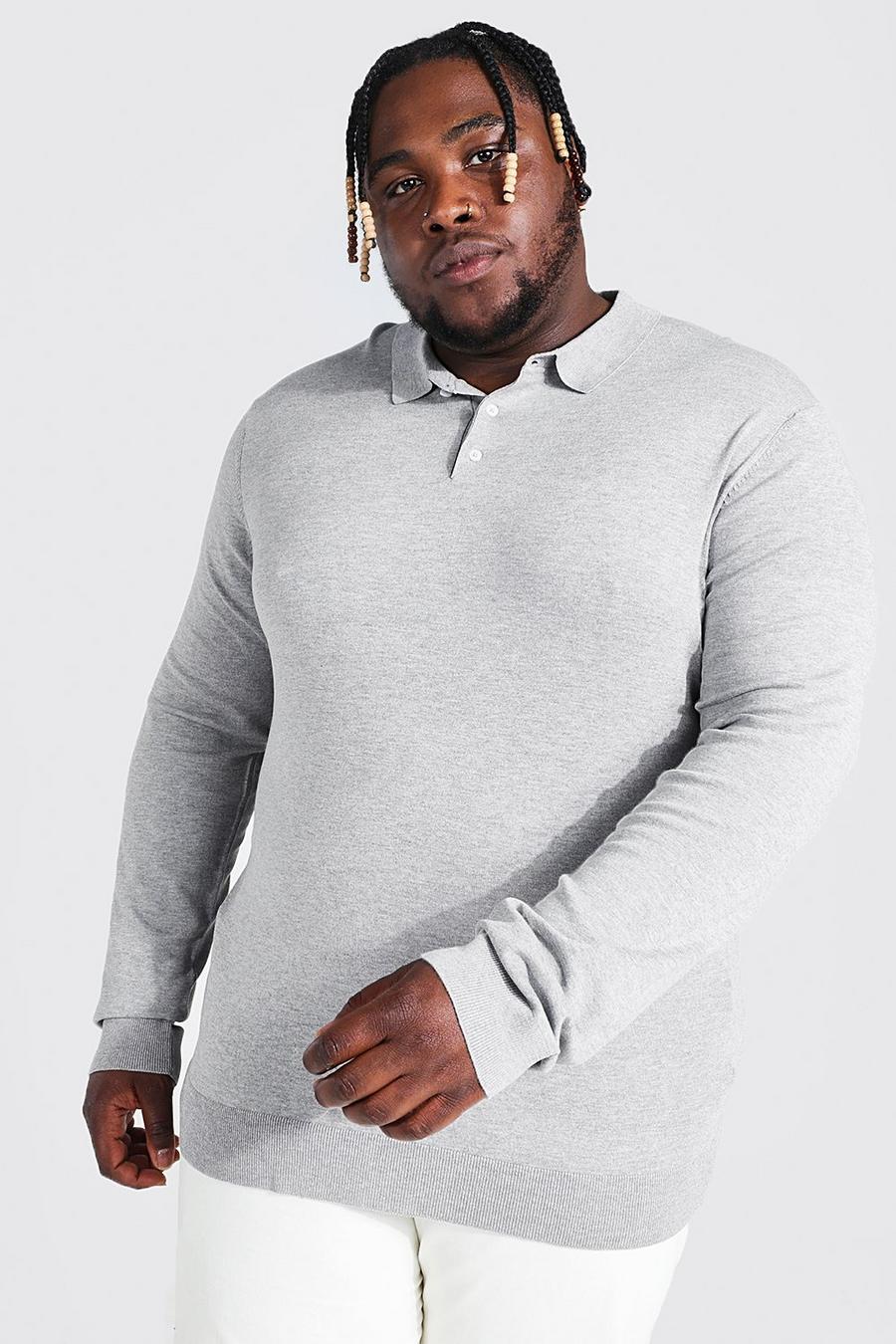 Grey marl Plus Long Sleeve Knitted Polo image number 1