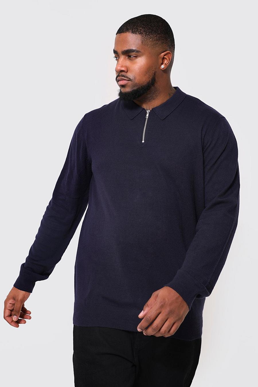 Navy Plus Half Zip Knitted Polo image number 1