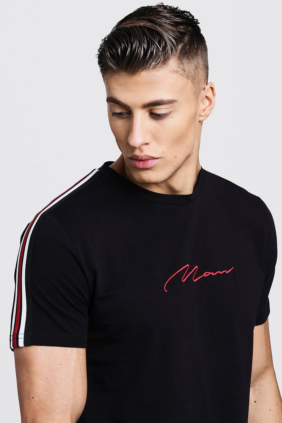 Zwart Man Signature T-Shirt Met Ronde Zoom En Zijstreep image number 1