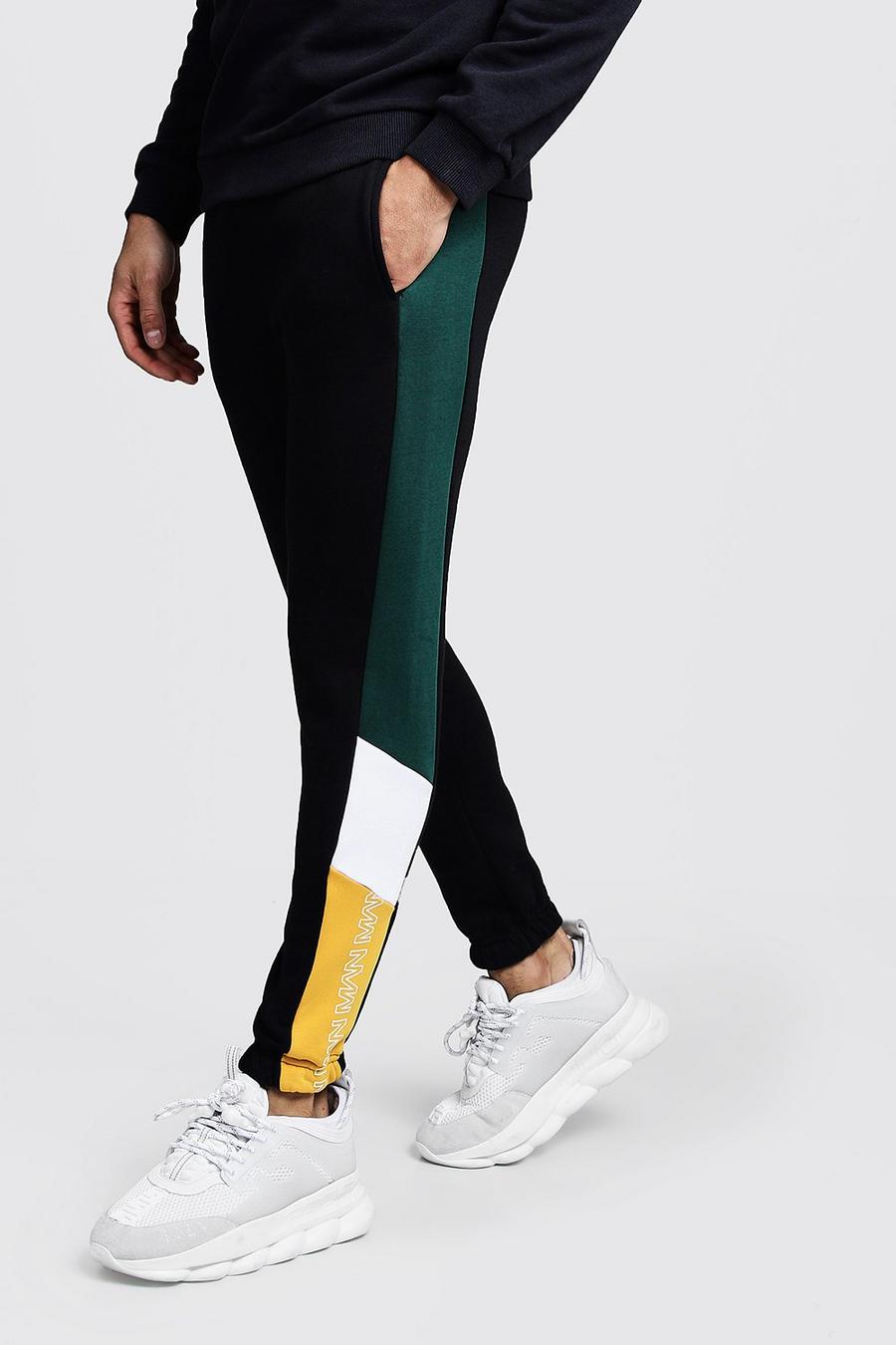 Colour Block Panelled MAN Puff Print Joggers image number 1