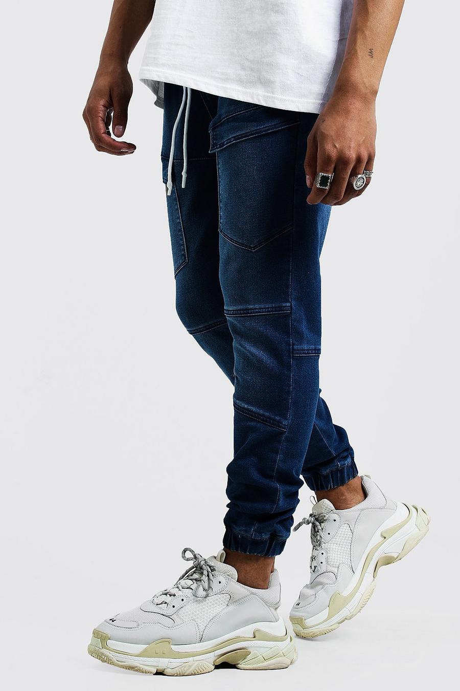 Mid blue Skinny Fit Cargo Pocket Jersey Denim Track Pants image number 1