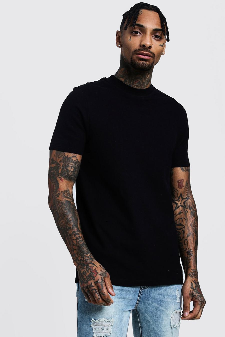 Piqué-T-Shirt mit Rundhalsausschnitt und verlängertem Halsstück, Schwarz image number 1