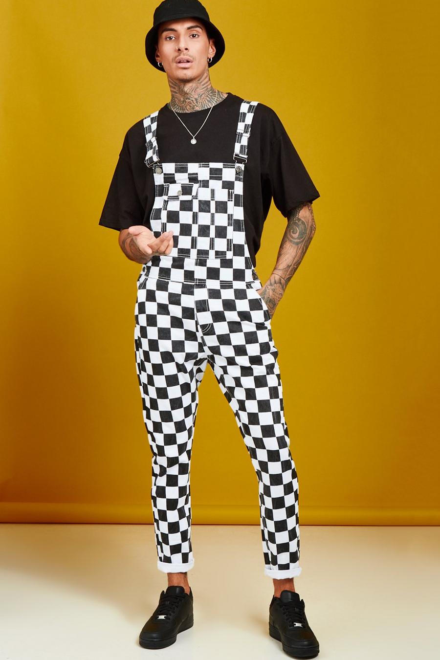 Black Slim Fit Checkerboard Print Dungarees image number 1