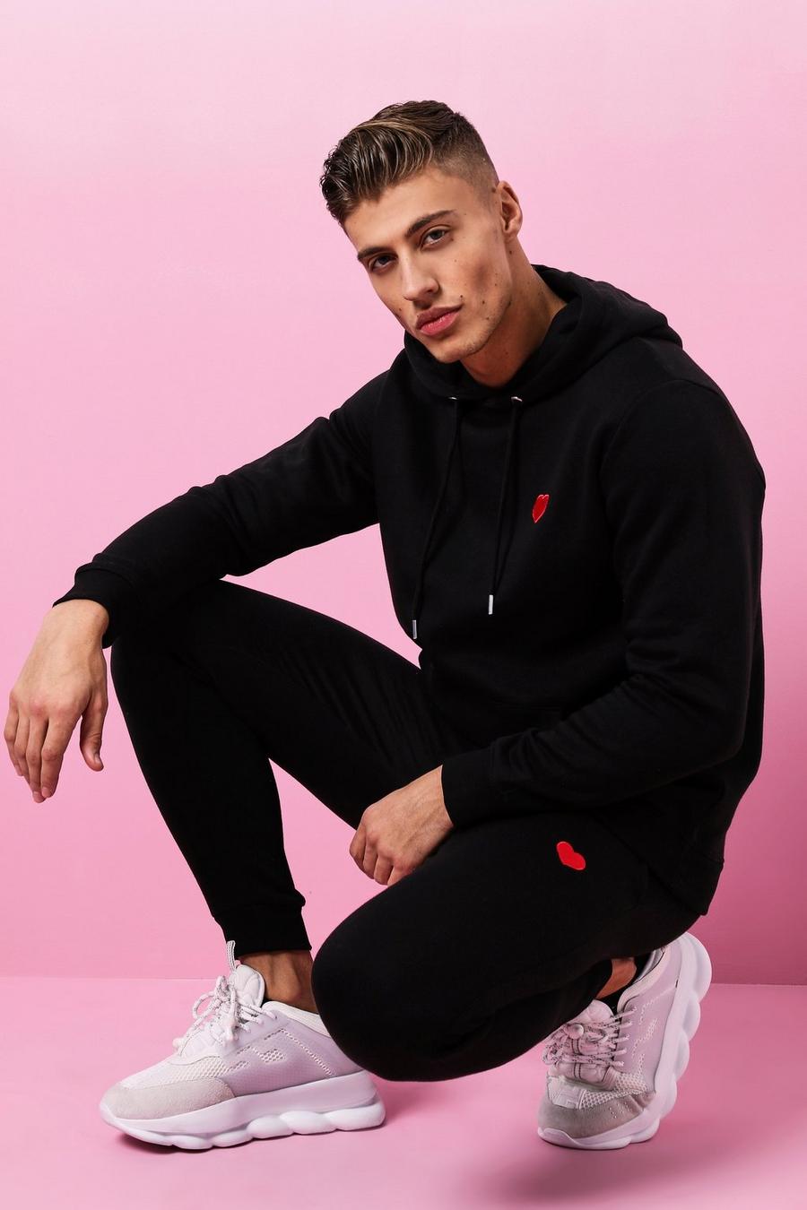 Black Valentines Tracksuit with Heart Embroidery image number 1