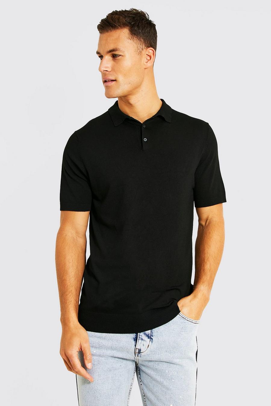 שחור black חולצת פולו סרוגה מבד ממוחזר עם שרוולים קצרים, לגברים גבוהים