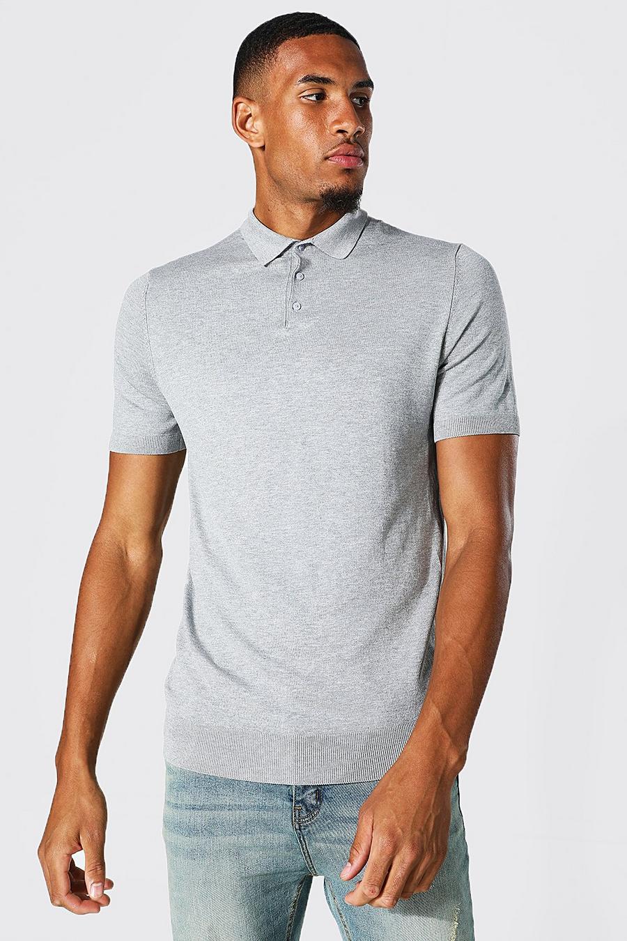 סלע אפור grey חולצת פולו סרוגה מבד ממוחזר עם שרוולים קצרים, לגברים גבוהים
