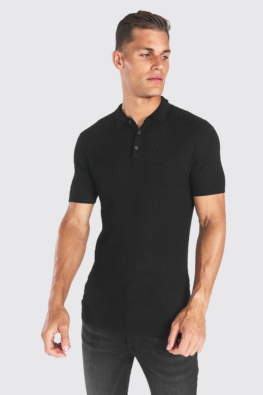 Black Tall Muscle Fit Cable Knit Polo image number 1
