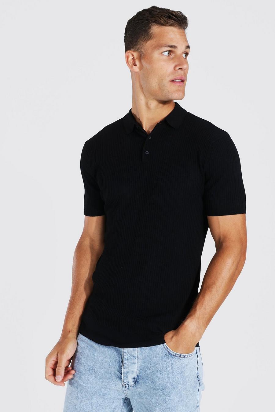 Black Tall Muscle Fit Ribbed Knit Polo image number 1