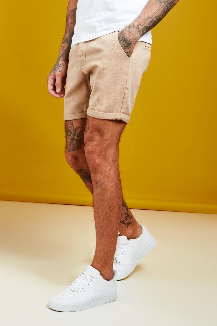 Taupe beige Slim Fit Denim Shorts With Pintuck Detail image number 1