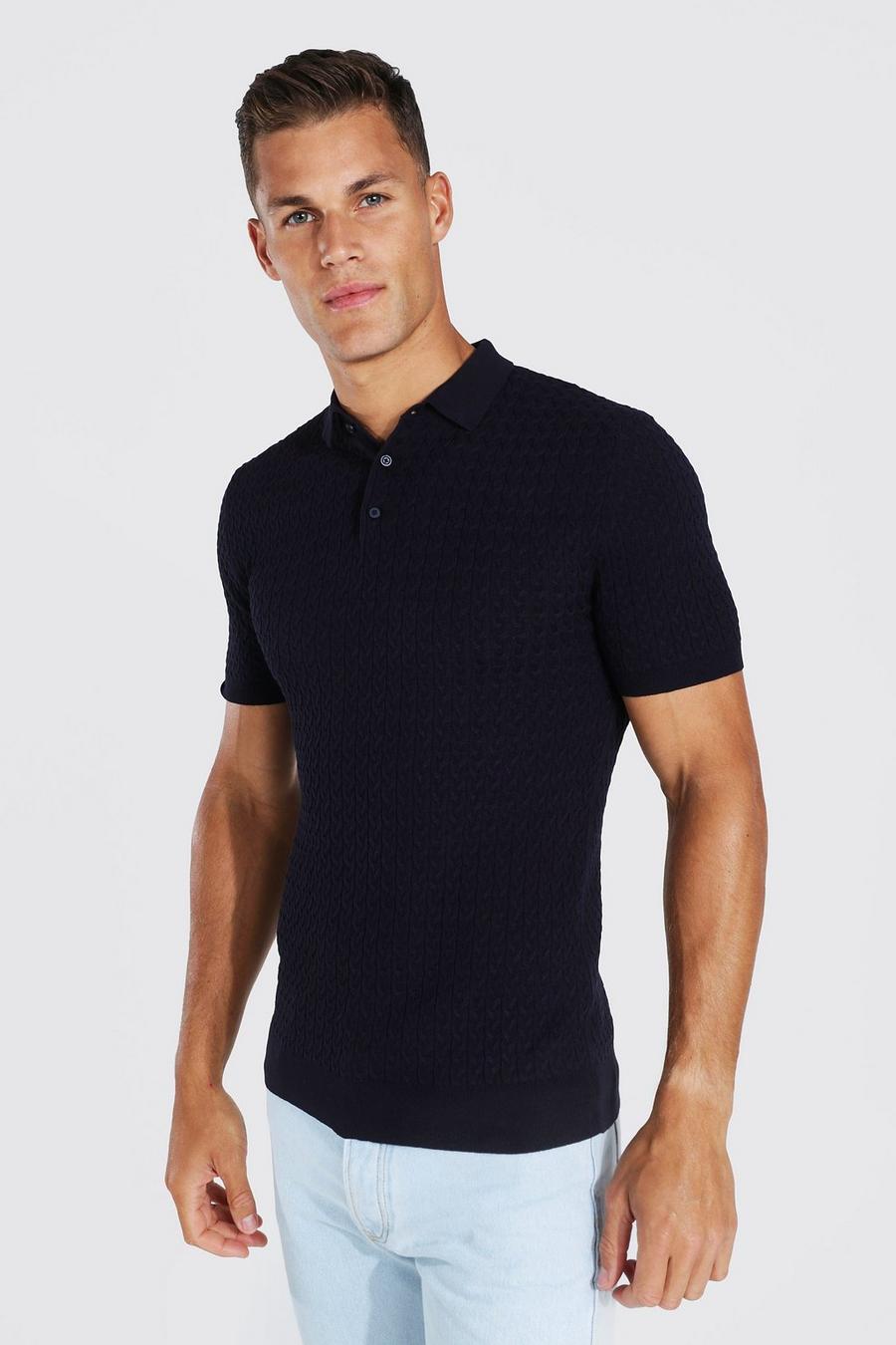 Navy Tall Muscle Fit Cable Knit Polo image number 1