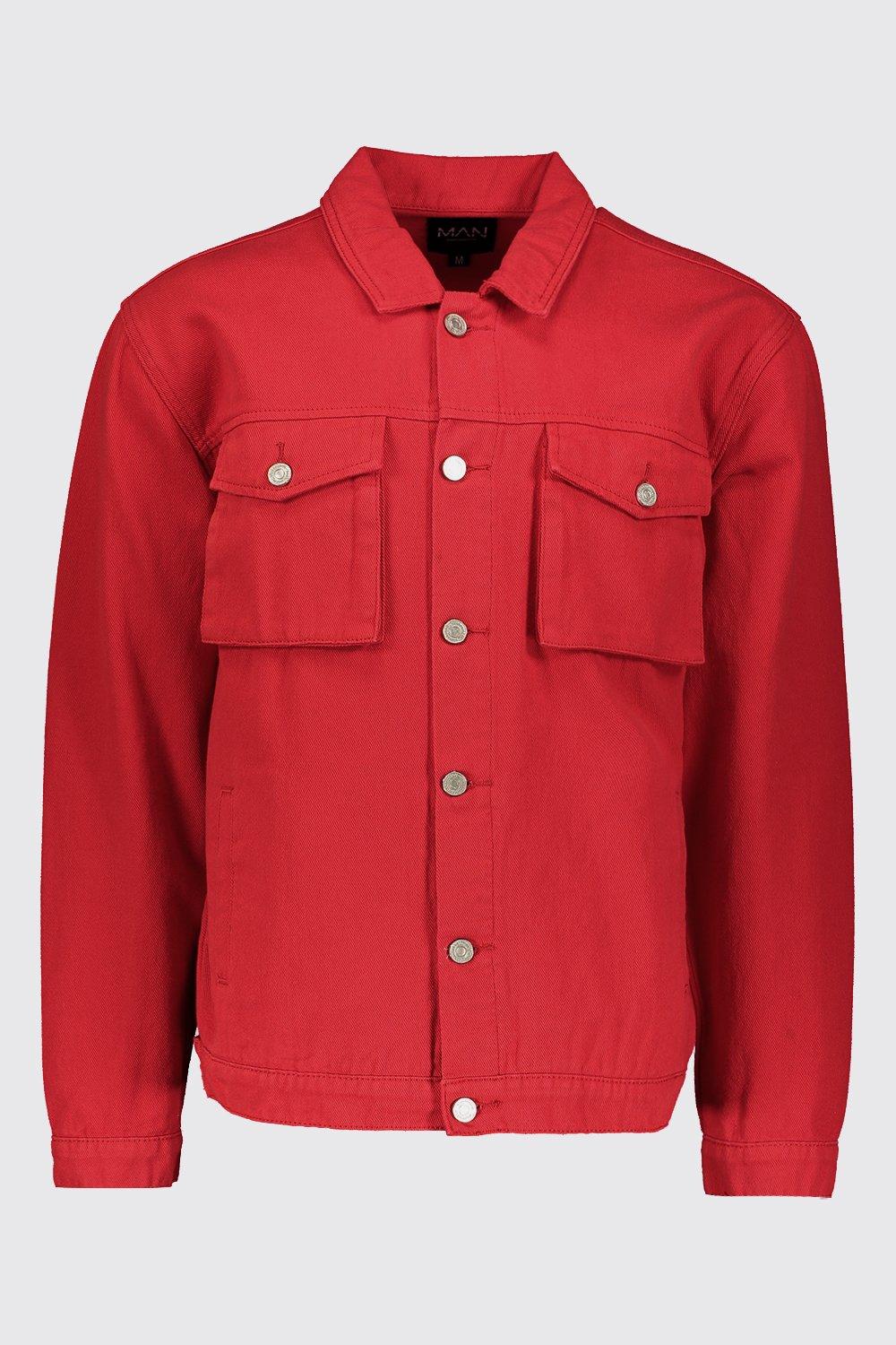 Red denim jacket on sale boohoo