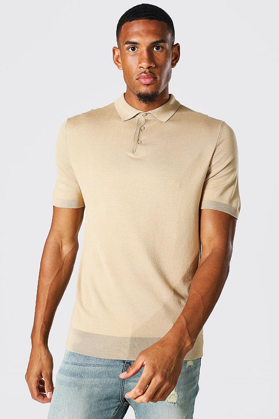 קאמל beige חולצת פולו סרוגה מבד ממוחזר עם שרוולים קצרים, לגברים גבוהים image number 1