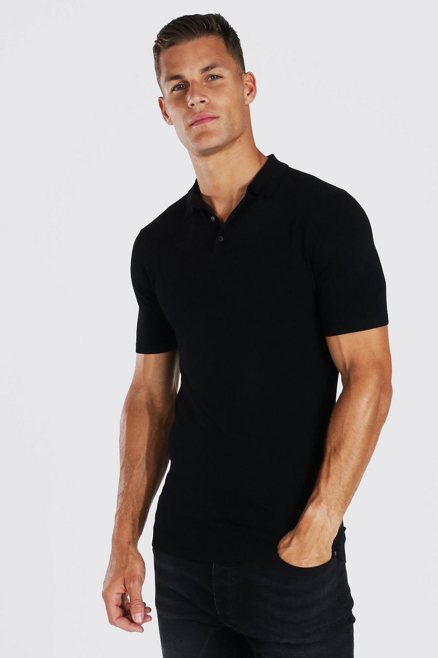 Black Tall Muscle Fit Knitted Polo image number 1