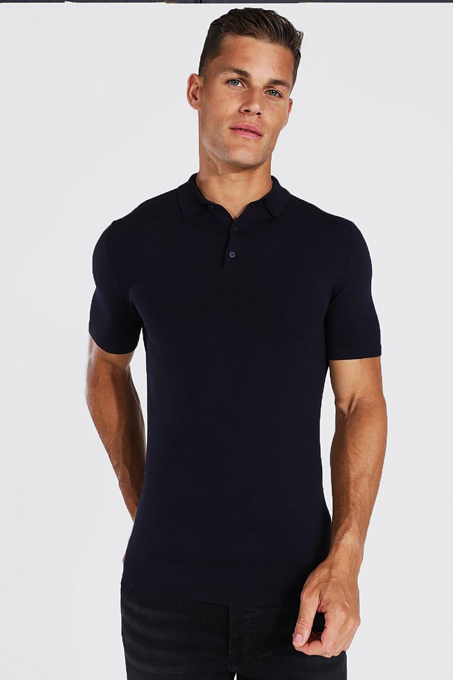 Navy Tall Muscle Fit Knitted Polo image number 1
