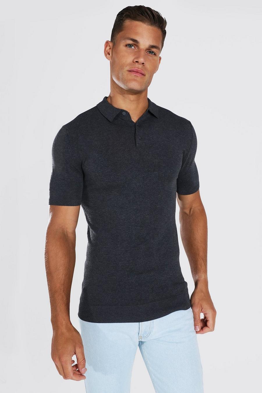 Charcoal Tall Gebreide Muscle Fit Polo image number 1