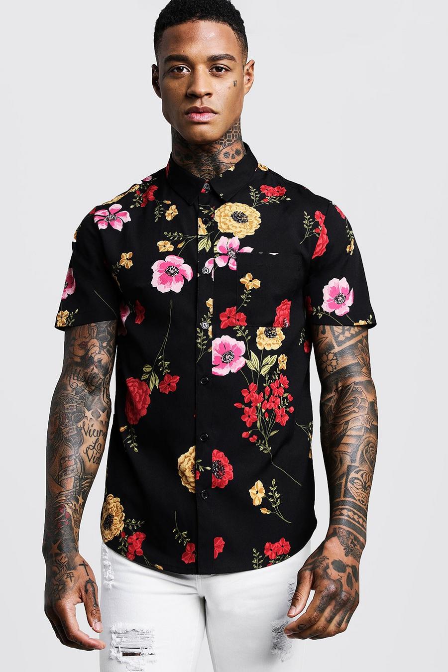 Black Red Floral Print Short Sleeve Shirt image number 1