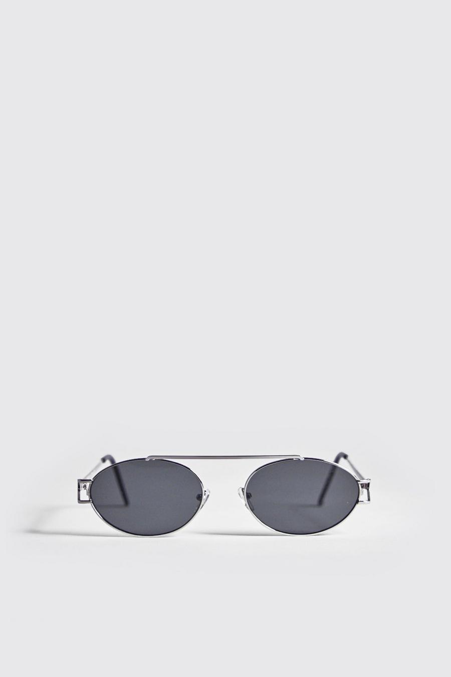 Sonnenbrille mit schwarzen Gläsern und rundem Metallgestell, Silber image number 1