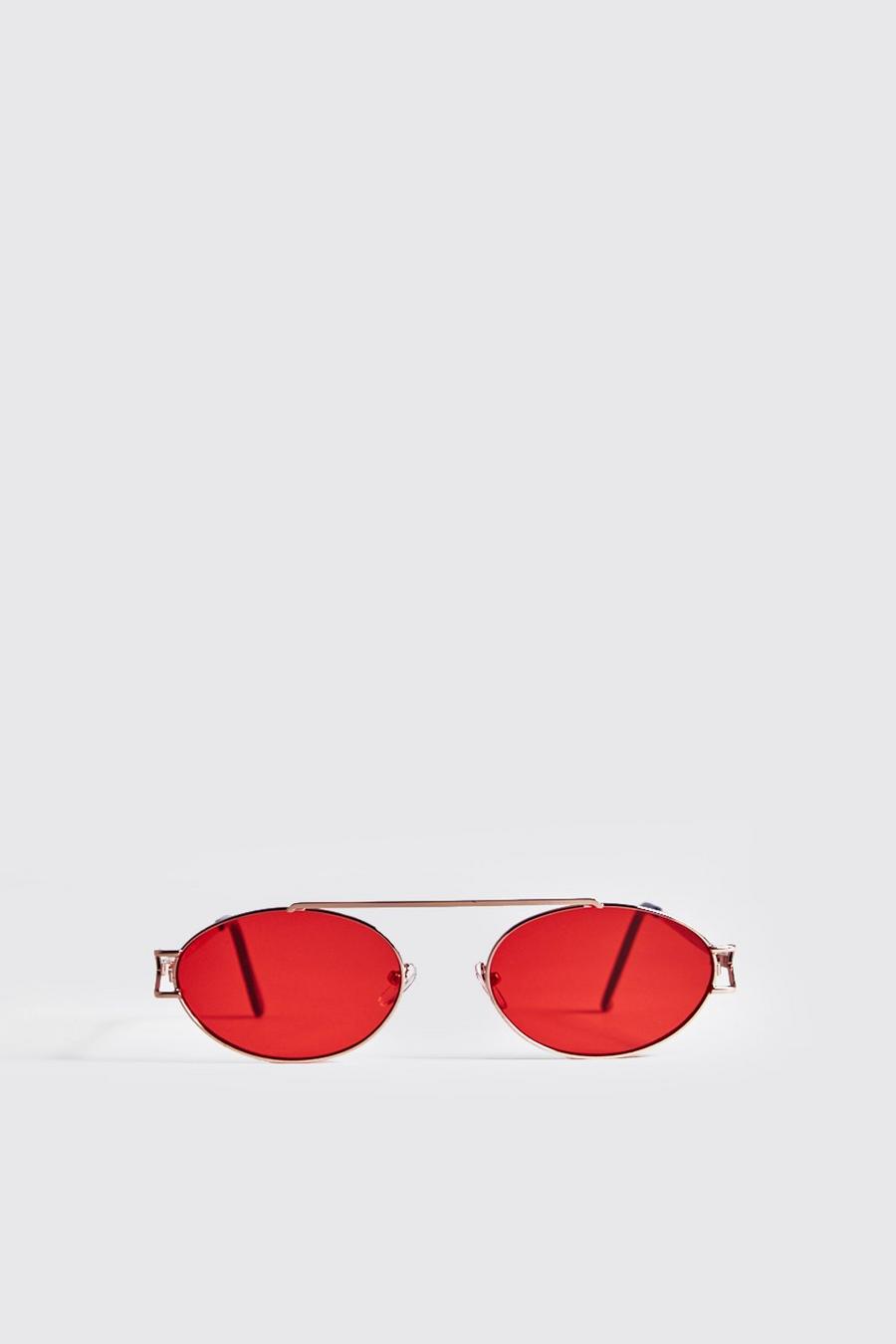 Gold Red Lens Round Metal Frame Sunglasses image number 1