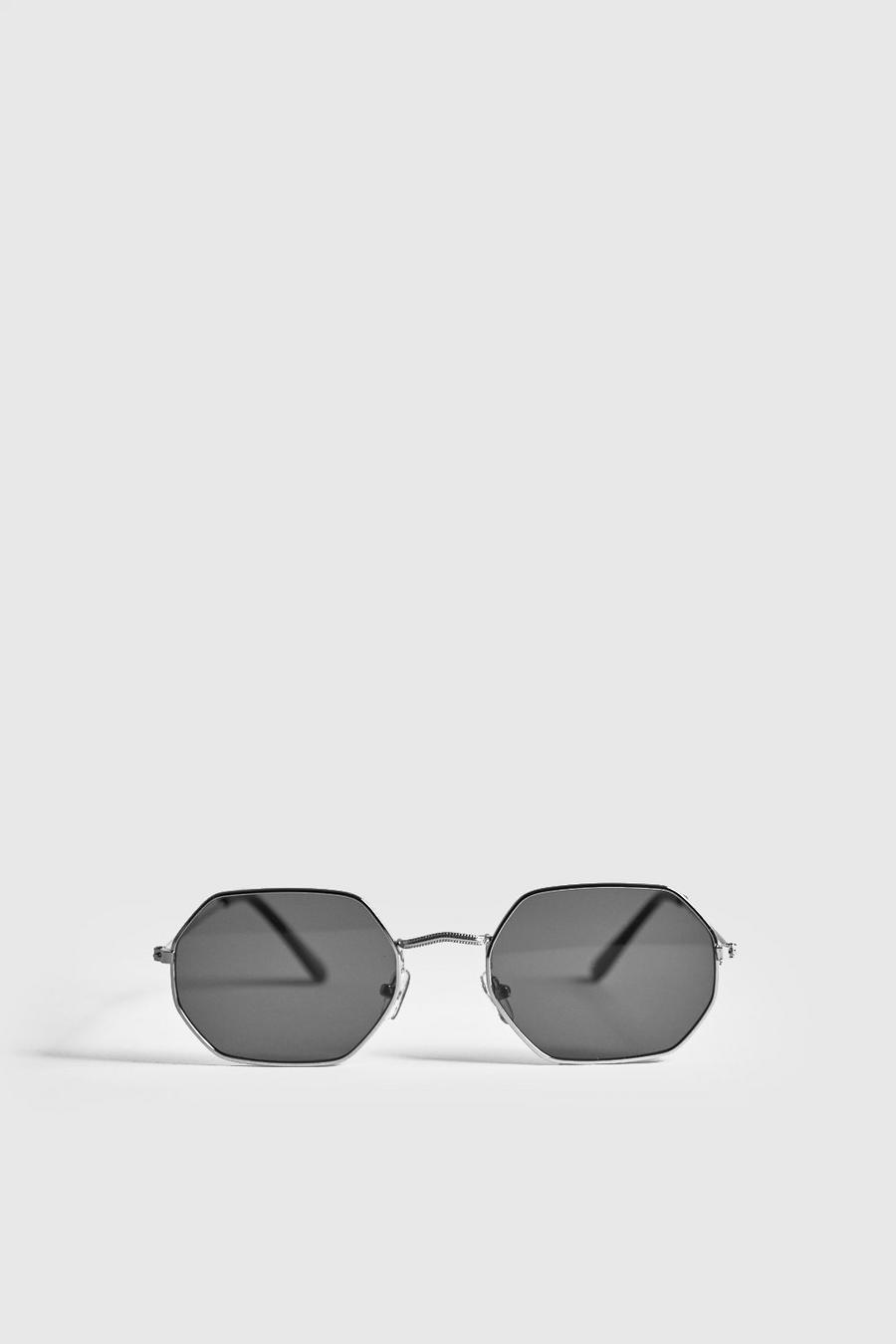 Hexagonale Sonnenbrille mit Metallrahmen und schwarzen Gläsern, Silber image number 1