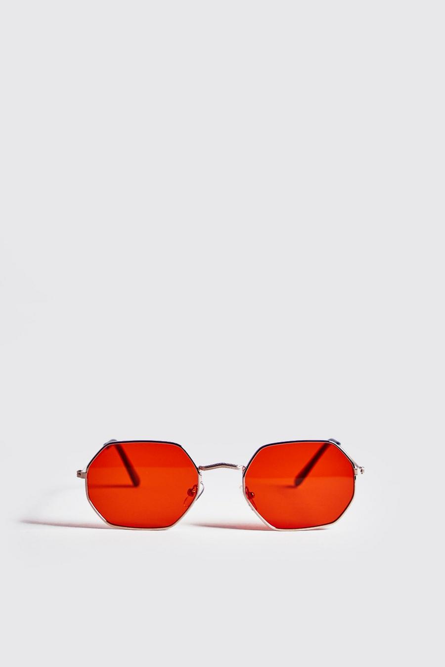 Hexagonale Sonnenbrille mit Metallrahmen und orangefarbenen Gläsern, Gold image number 1