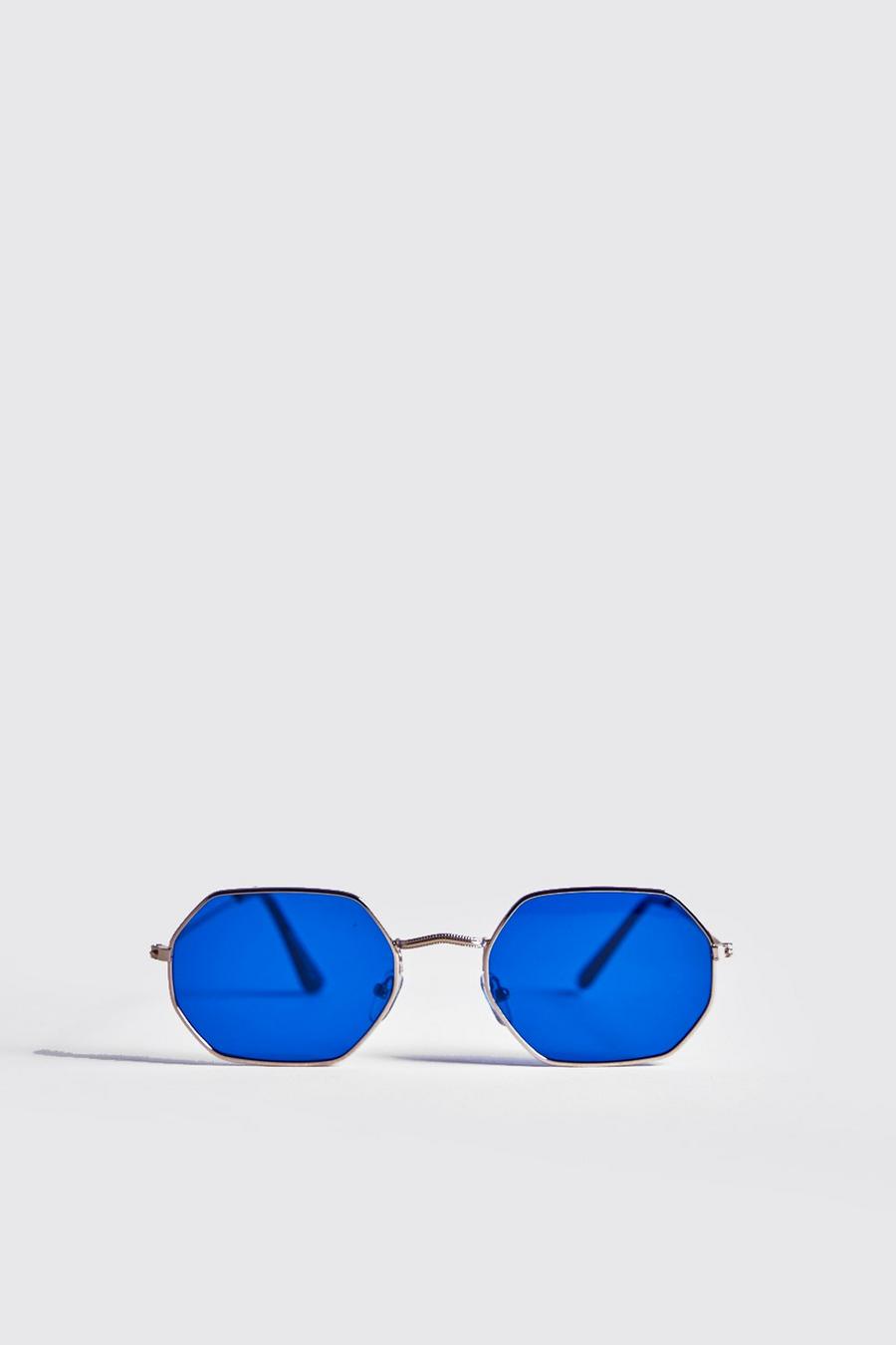 Hexagonale Sonnenbrille mit Metallrahmen und blauen Gläsern, Gold image number 1