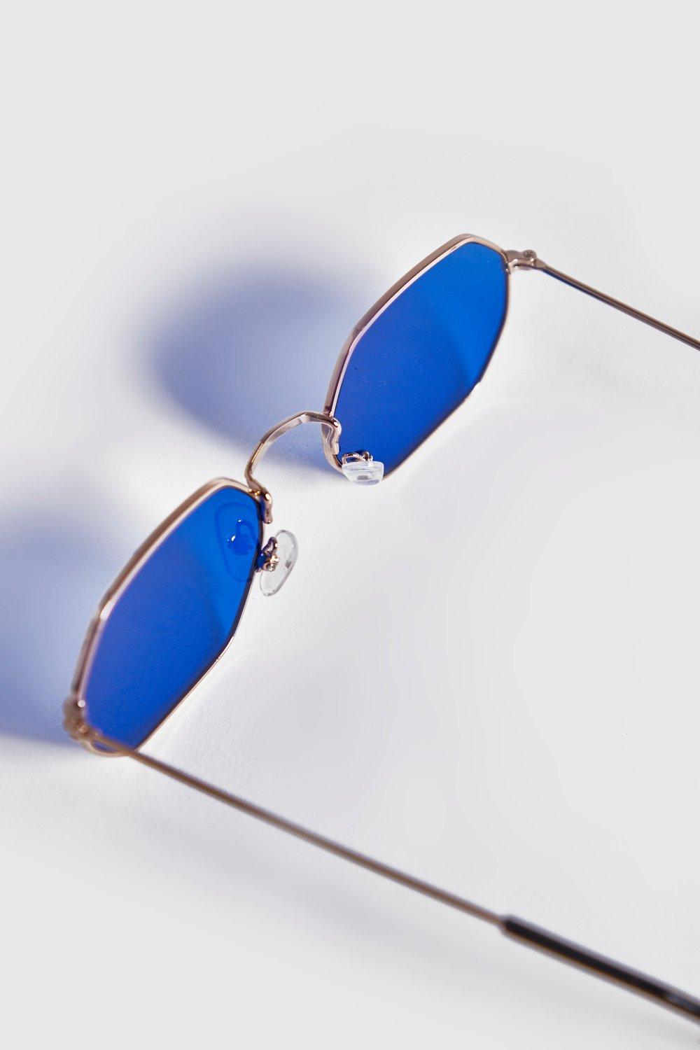 Blue Lens Metal Frame Hexagonal Sunglasses boohoo NZ