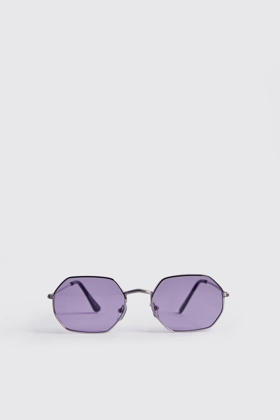 Hexagonale Sonnenbrille mit Metallrahmen und lilafarbenen Gläsern, Silber image number 1