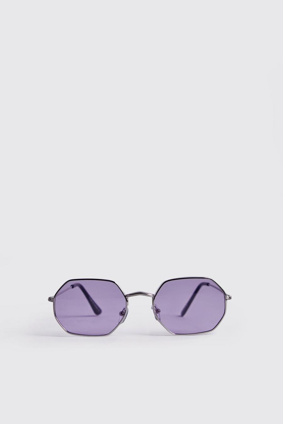 Silver Purple Lens Metal Frame Hexagonal Sunglasses image number 1