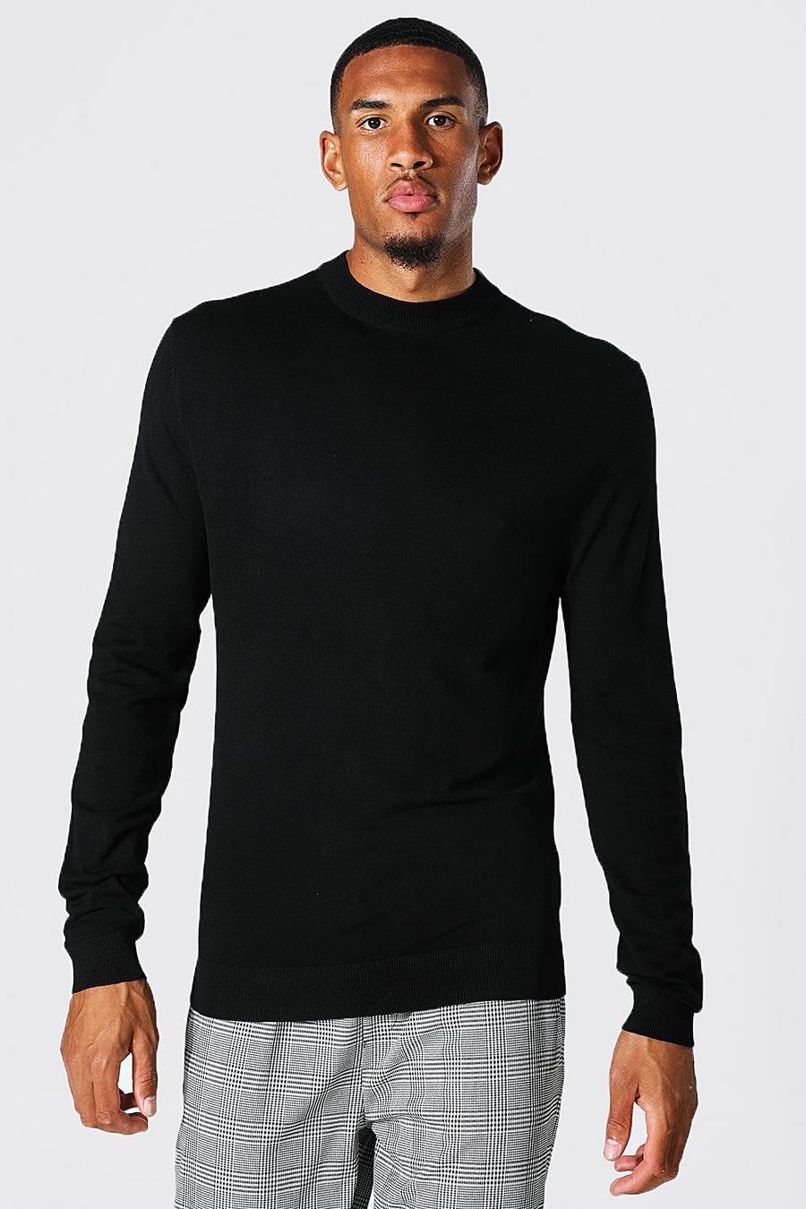 שחור סוודר בגזרה רגילה מבד ממוחזר עם צווארון גולף, לגברים גבוהים image number 1