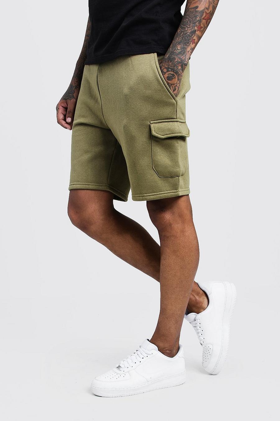 Pantaloncini cargo di media lunghezza in jersey, Verde oliva image number 1