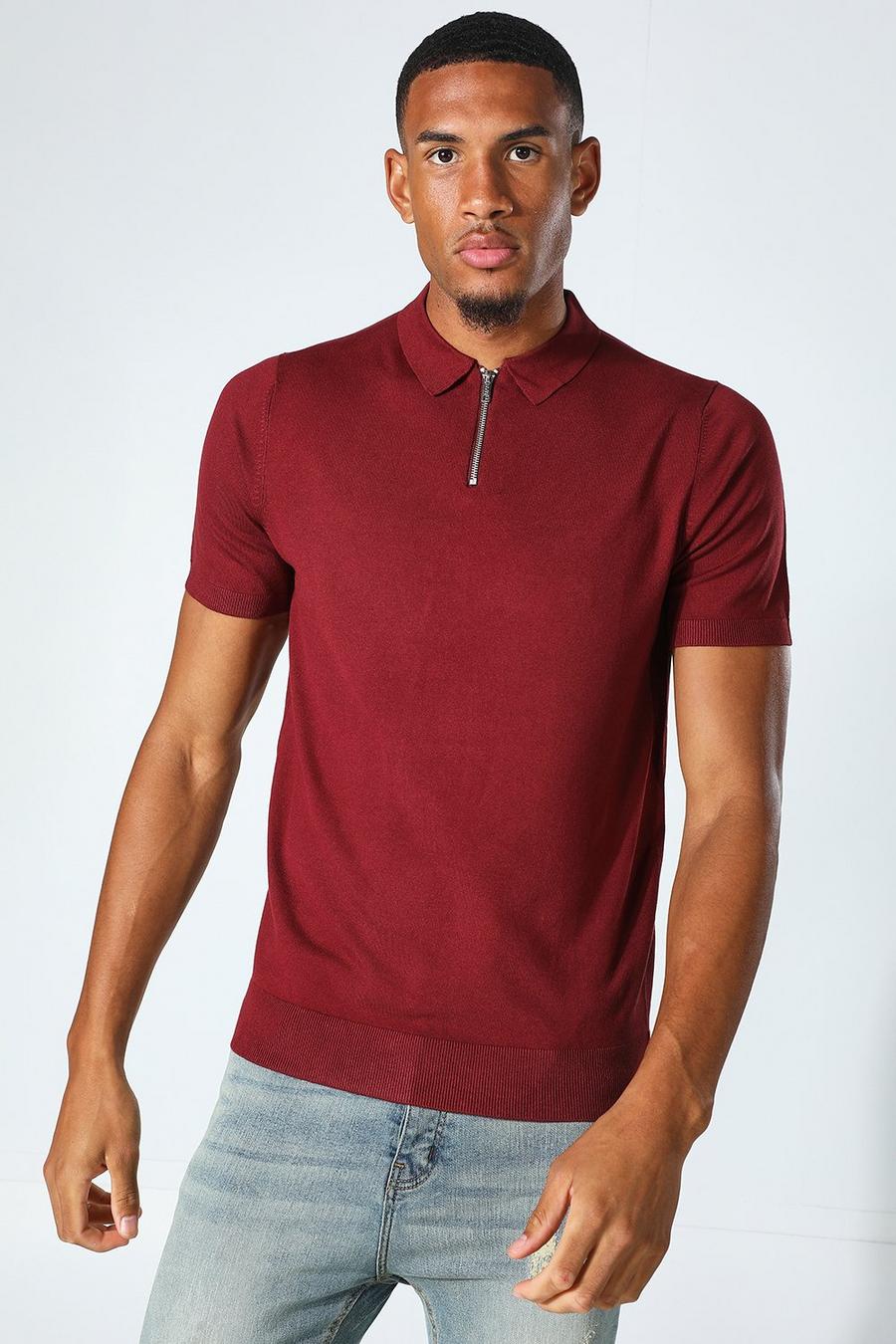 אדום בורגונדי חולצת פולו סרוגה מבד ממוחזר עם רוכסן חלקי, לגברים גבוהים image number 1