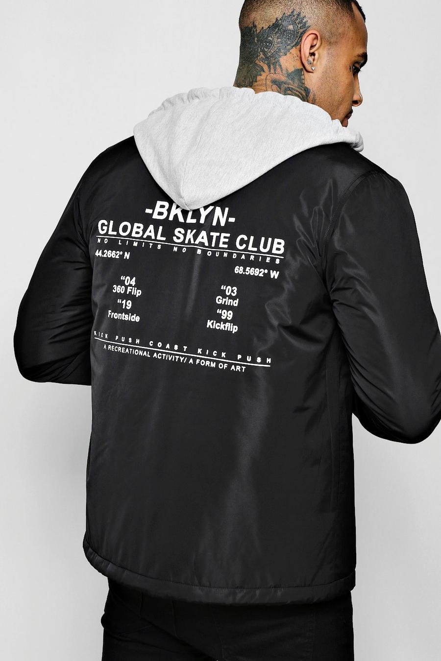 Black Brooklyn Back Print Hooded Nylon Coach Jacket image number 1