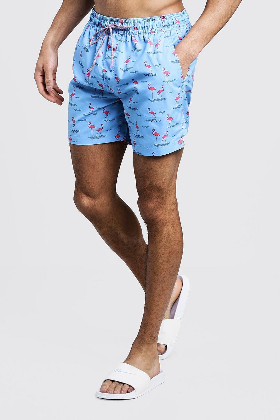 Blue Mid Length Flamingo Print Swim Shorts