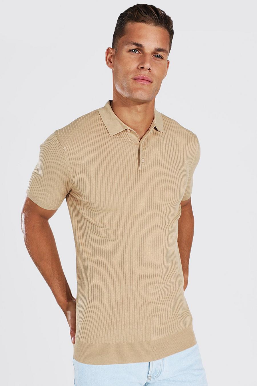 Tall geripptes Muscle-Fit Poloshirt, Camel image number 1